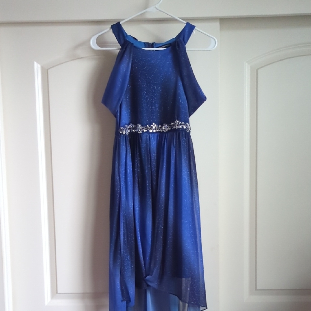 Sequin Hearts Sparkling Blue Kids Dress with Floral Accents